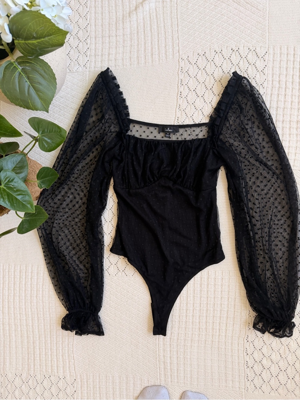 Lulus Call the Dots Black Dotted Mesh Long Sleeve Bodysuit - Picture 5 of 8